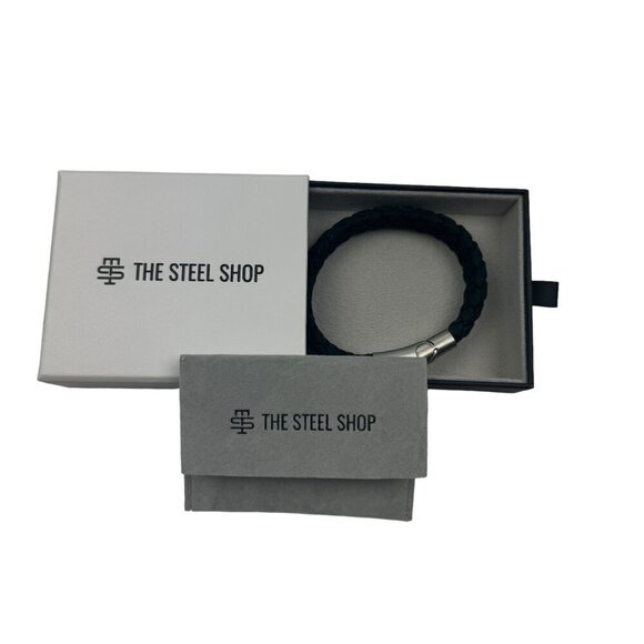 The Steel Shop 12MM Black Leather Steel Bracelet 8 Inches Brand New